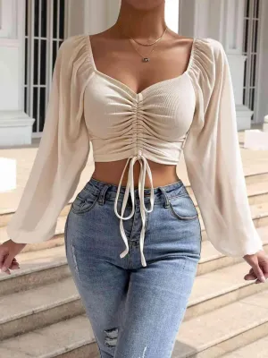 Stylish Ease Sweetheart Neck Drawstring Crop Top