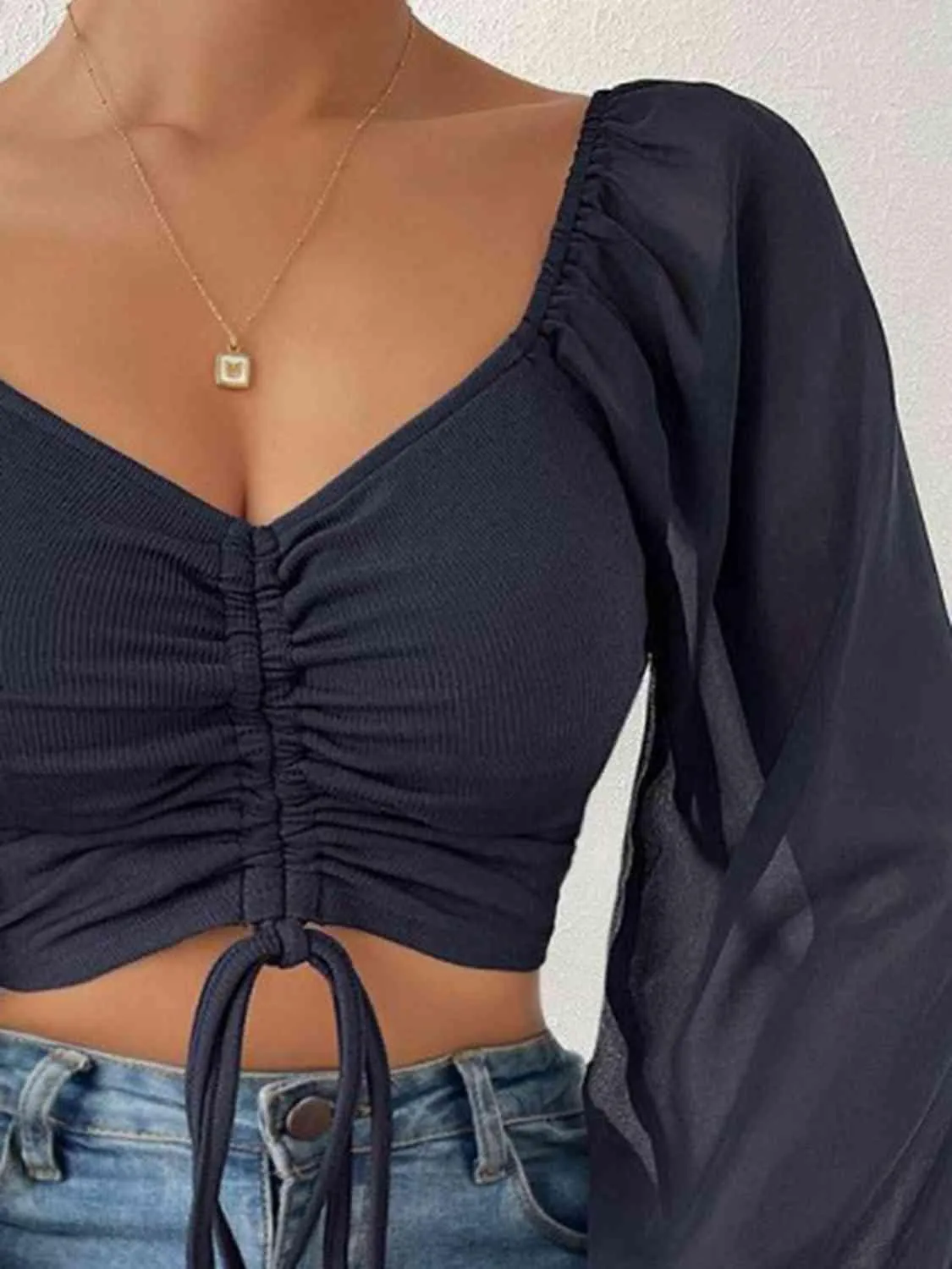 Stylish Ease Sweetheart Neck Drawstring Crop Top