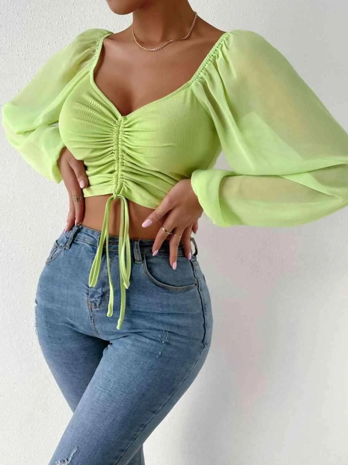 Stylish Ease Sweetheart Neck Drawstring Crop Top