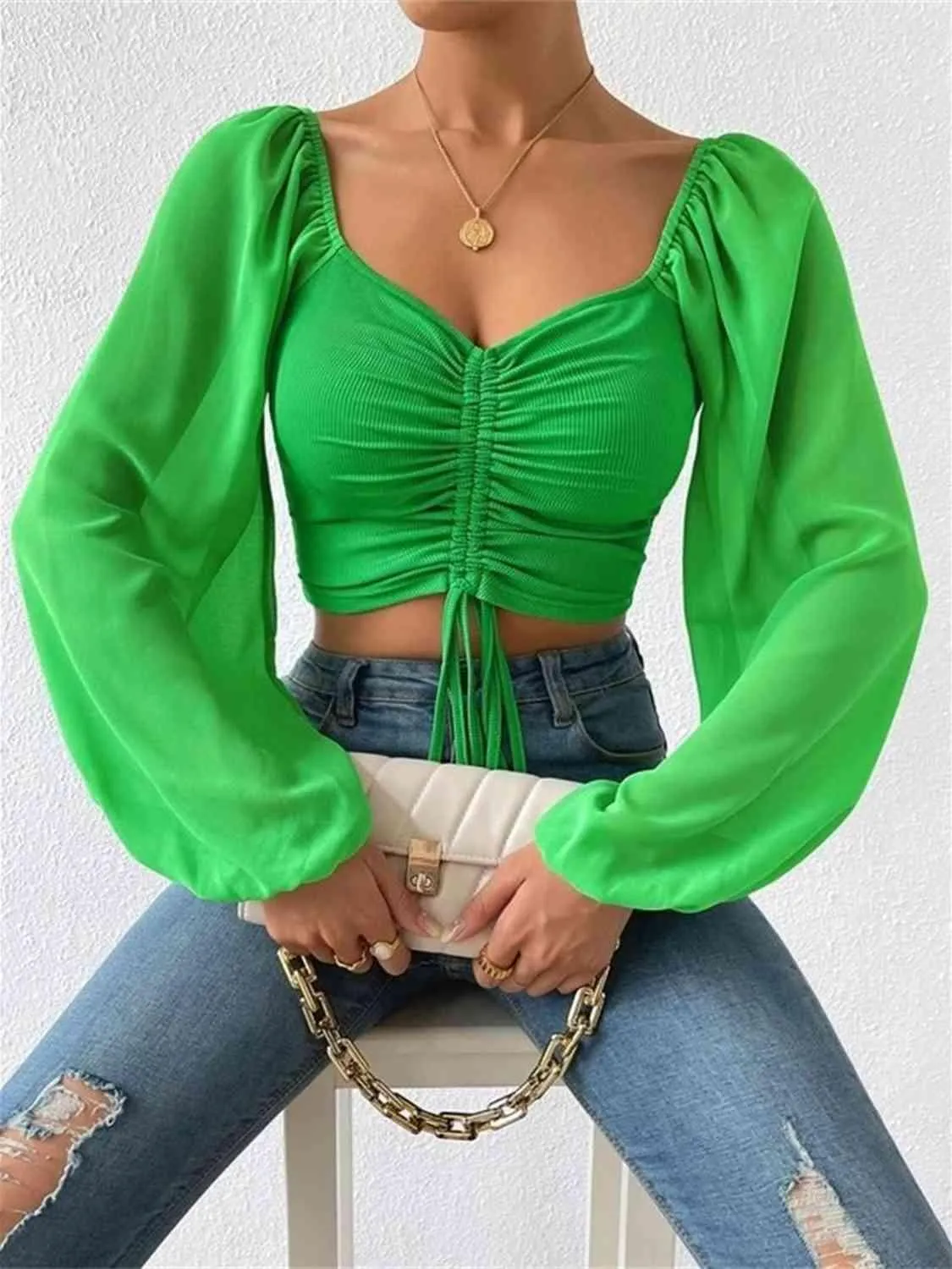 Stylish Ease Sweetheart Neck Drawstring Crop Top