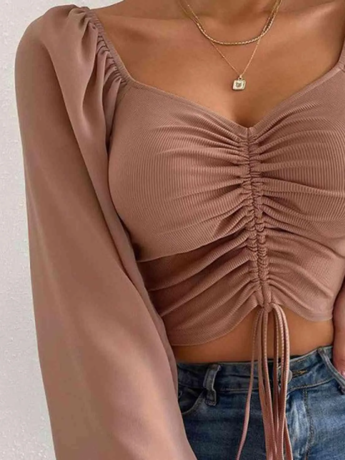 Stylish Ease Sweetheart Neck Drawstring Crop Top