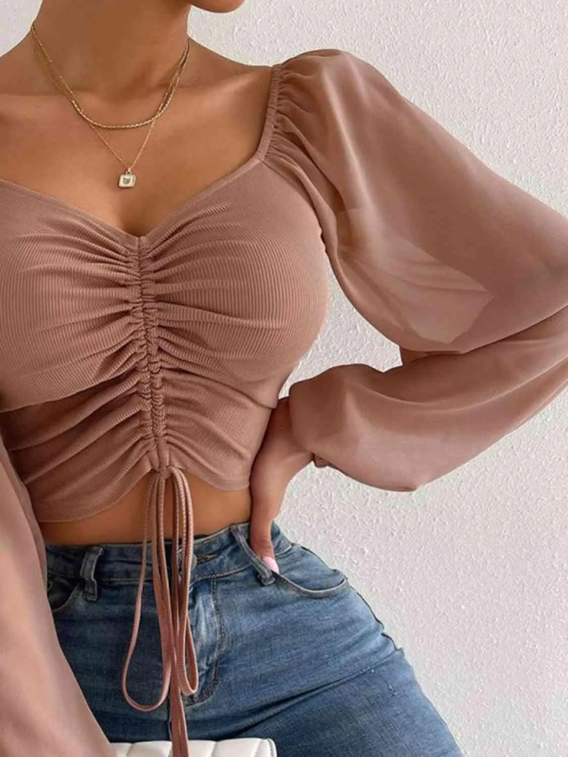 Stylish Ease Sweetheart Neck Drawstring Crop Top