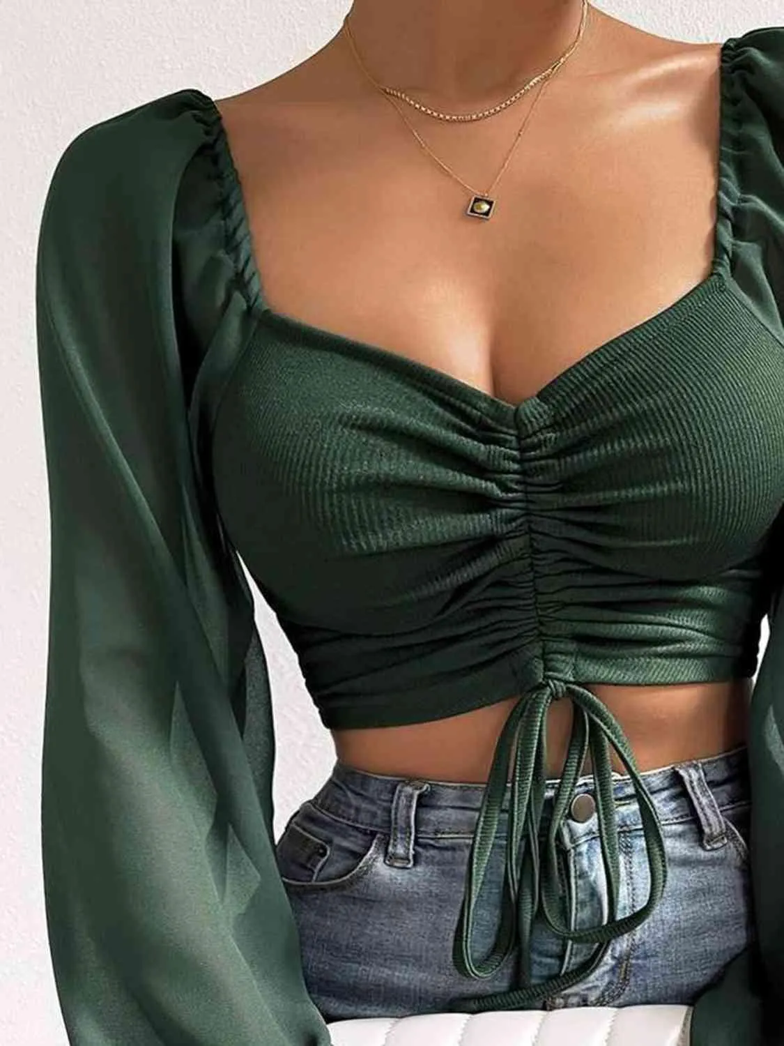 Stylish Ease Sweetheart Neck Drawstring Crop Top