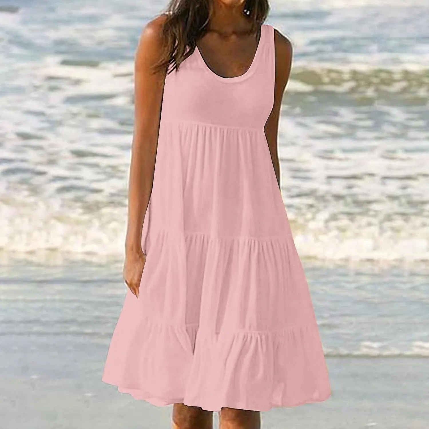 Summer Dresses for Women 2025 Vacation Sleeveless Crewneck Mini Tank Dress Tiered Ruffle Flowy Beach Sundresses