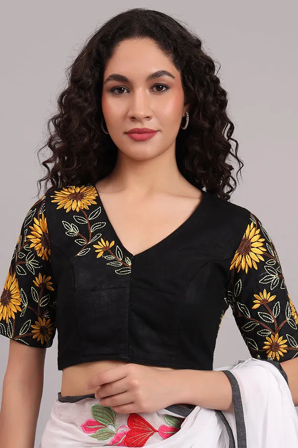 Sunflower Embroidered Cotton Blouse  Black