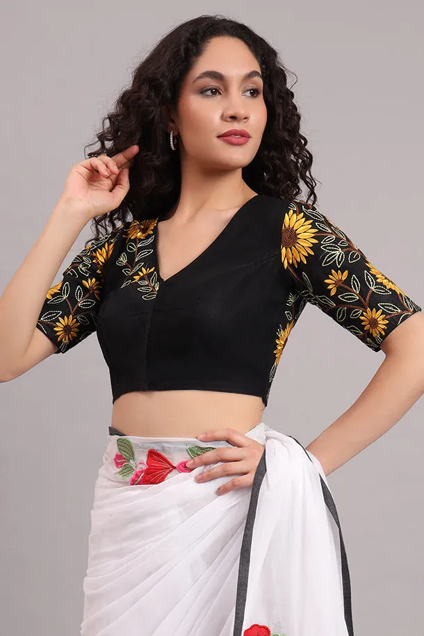 Sunflower Embroidered Cotton Blouse  Black