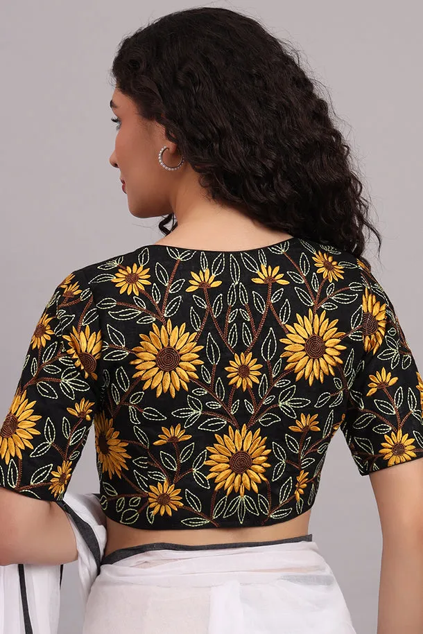 Sunflower Embroidered Cotton Blouse  Black