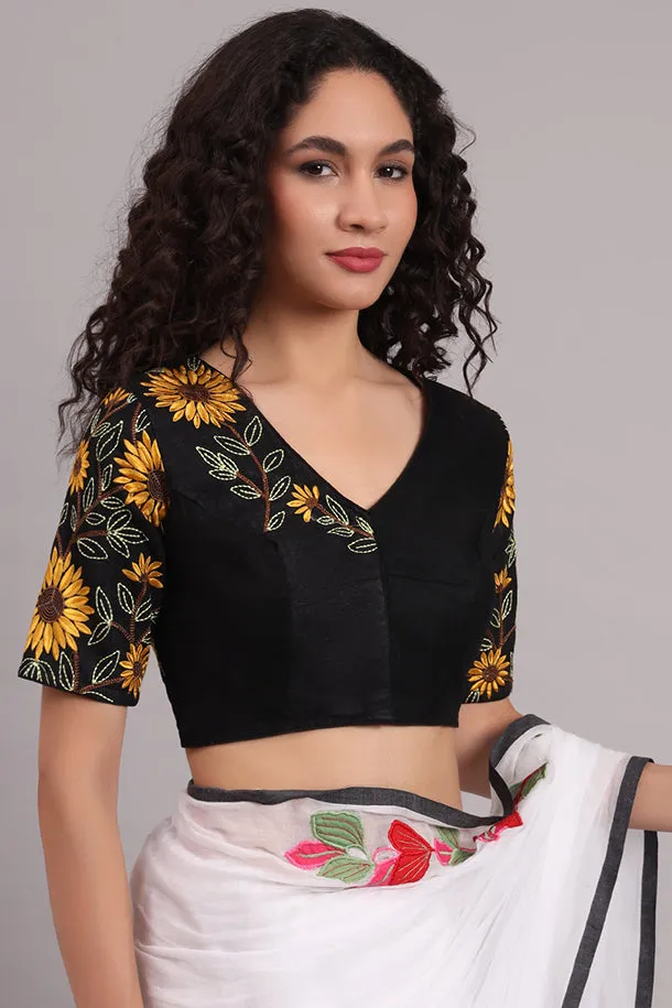 Sunflower Embroidered Cotton Blouse  Black
