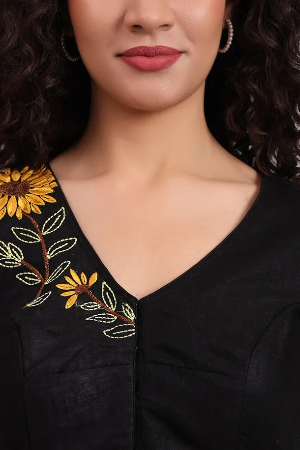 Sunflower Embroidered Cotton Blouse  Black