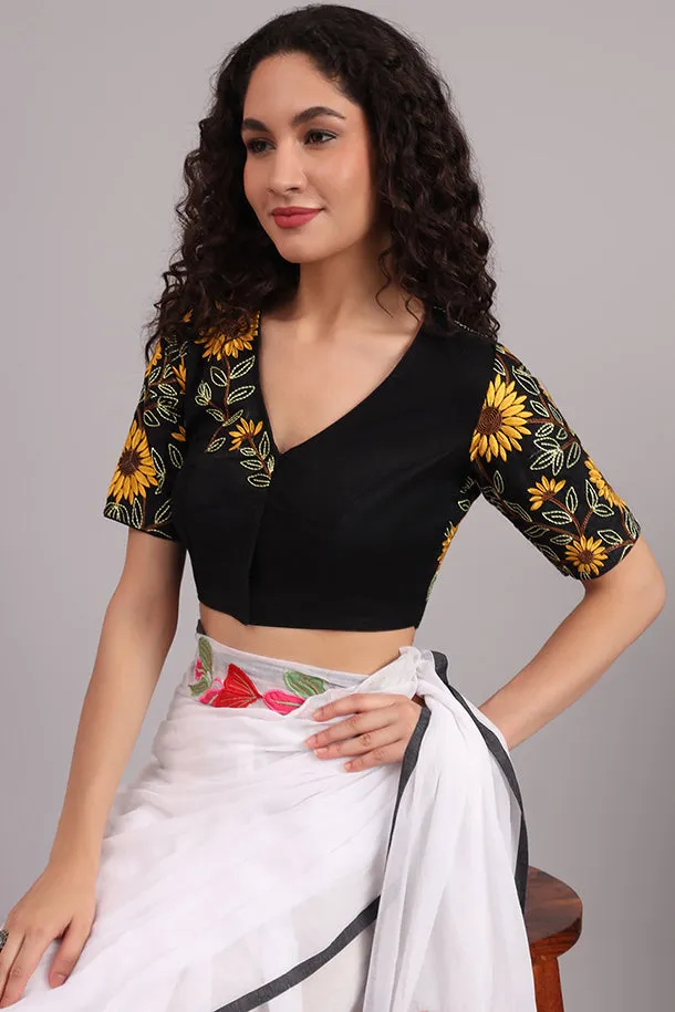 Sunflower Embroidered Cotton Blouse  Black