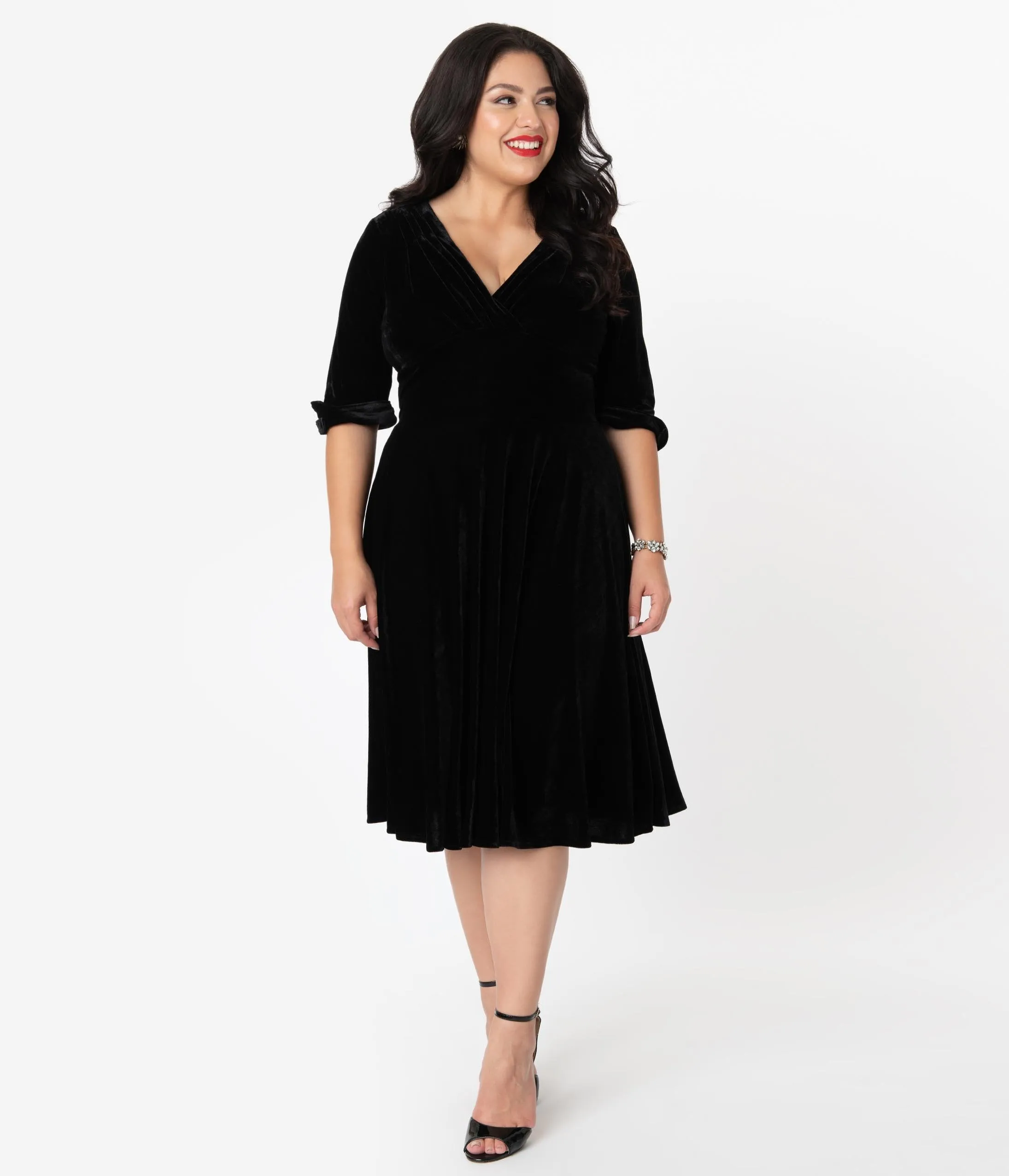 Unique Vintage Plus Size 1950s Black Velvet Delores Swing Dress with Sleeves
