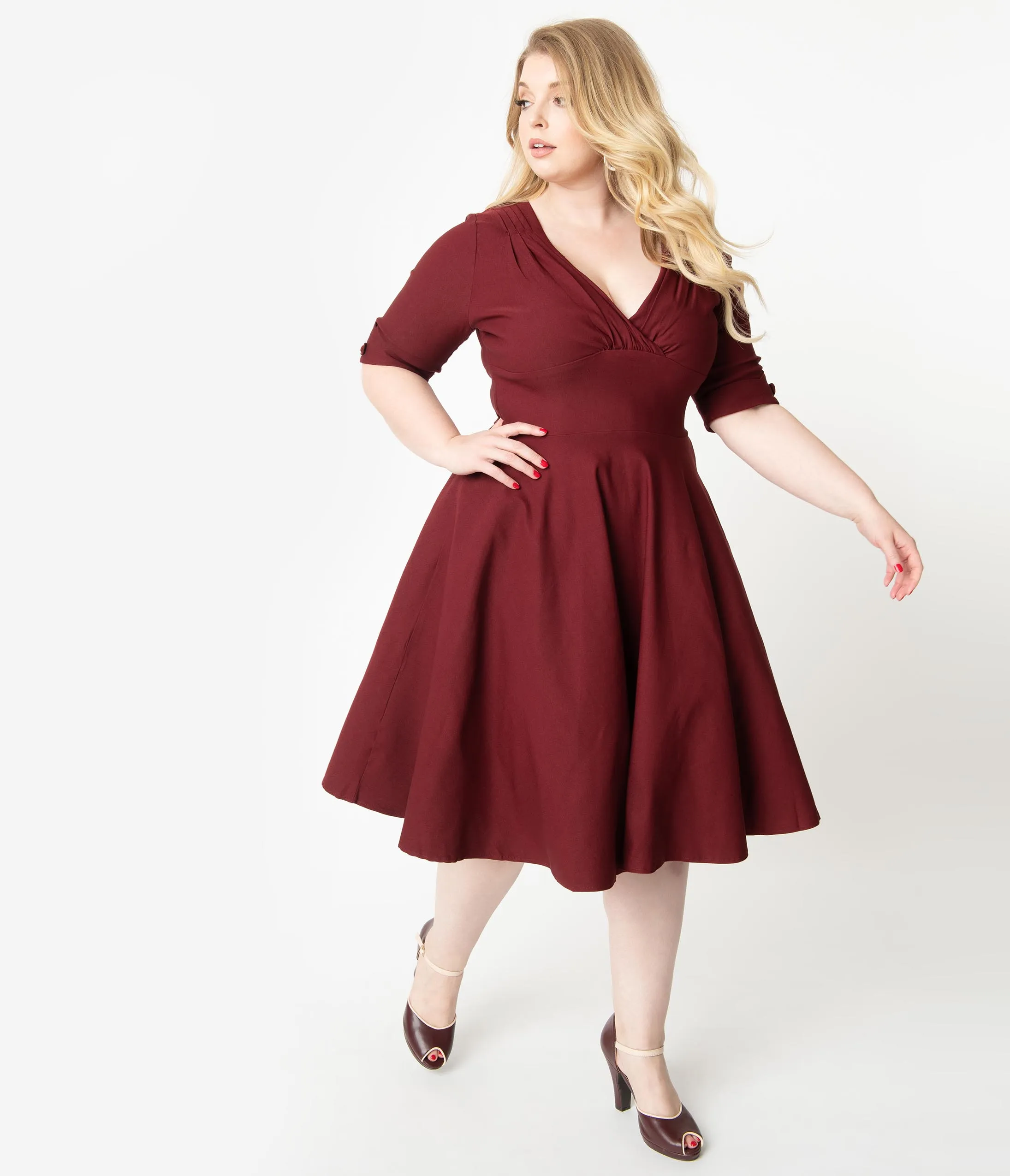Unique Vintage Plus Size 1950s Burgundy Red Delores Swing Dress with Sleeves