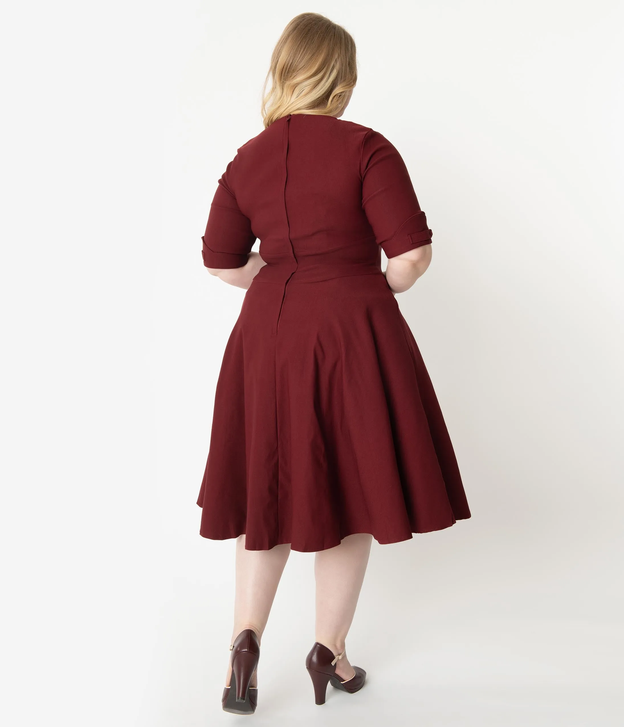 Unique Vintage Plus Size 1950s Burgundy Red Delores Swing Dress with Sleeves