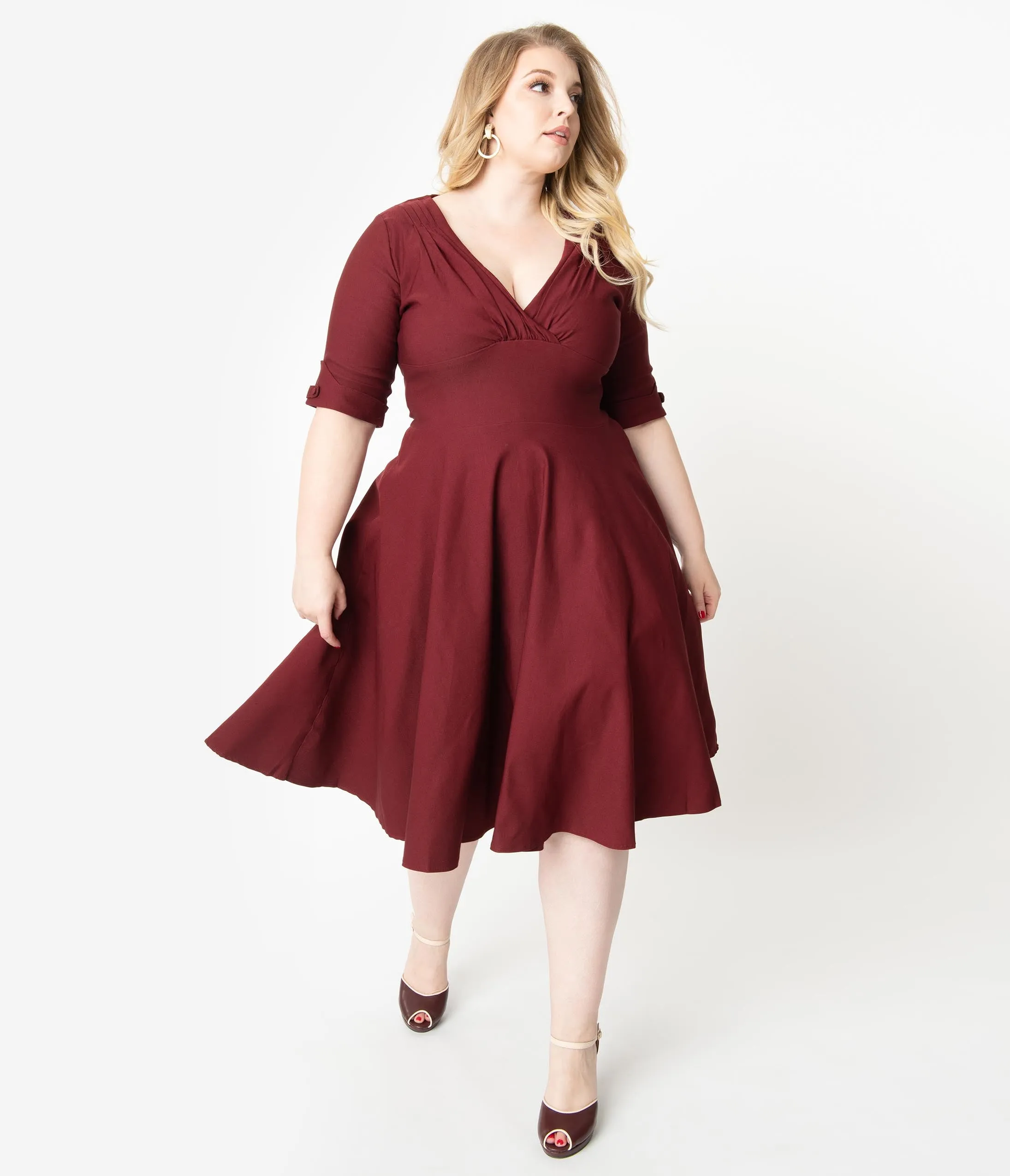 Unique Vintage Plus Size 1950s Burgundy Red Delores Swing Dress with Sleeves