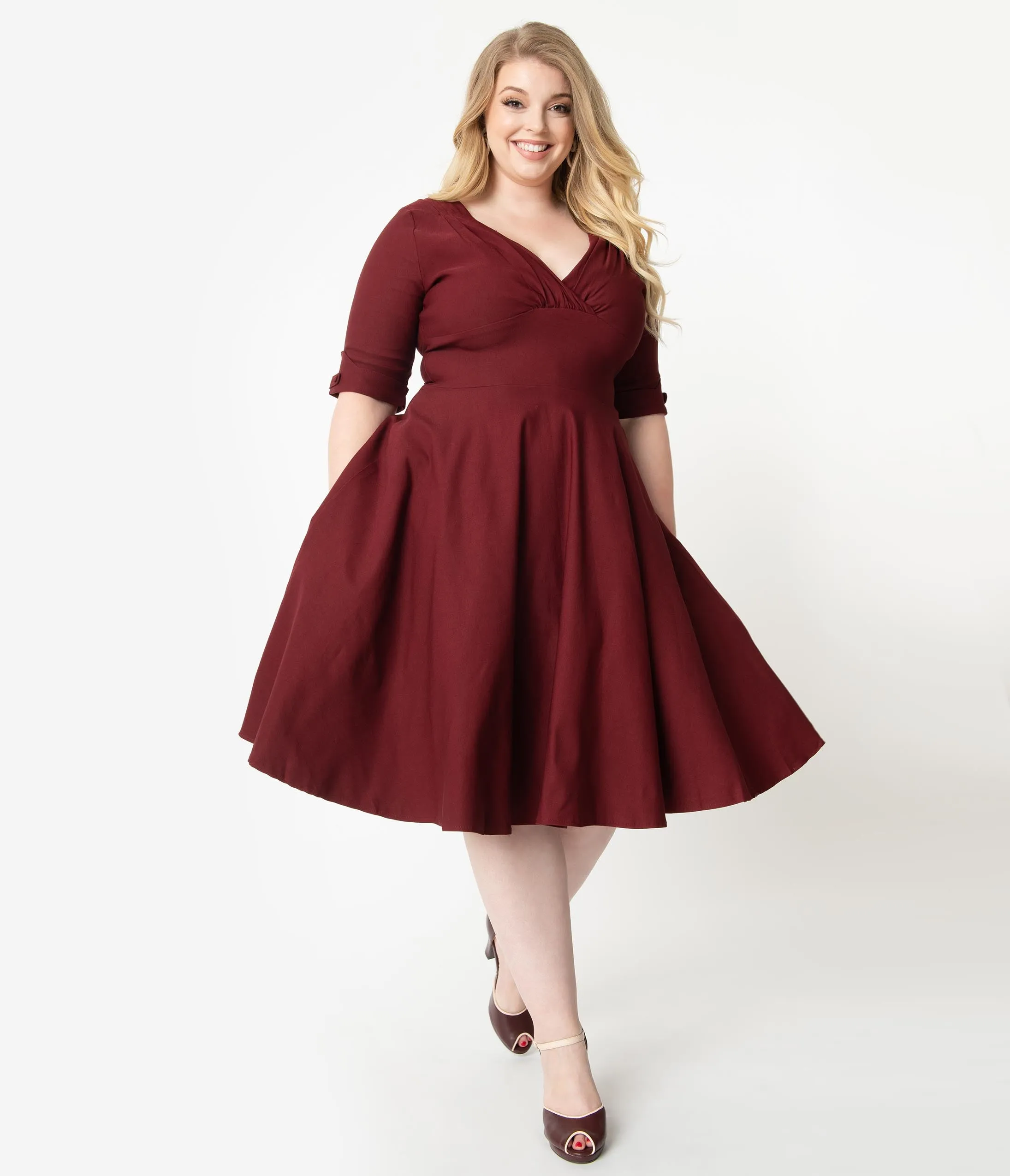 Unique Vintage Plus Size 1950s Burgundy Red Delores Swing Dress with Sleeves