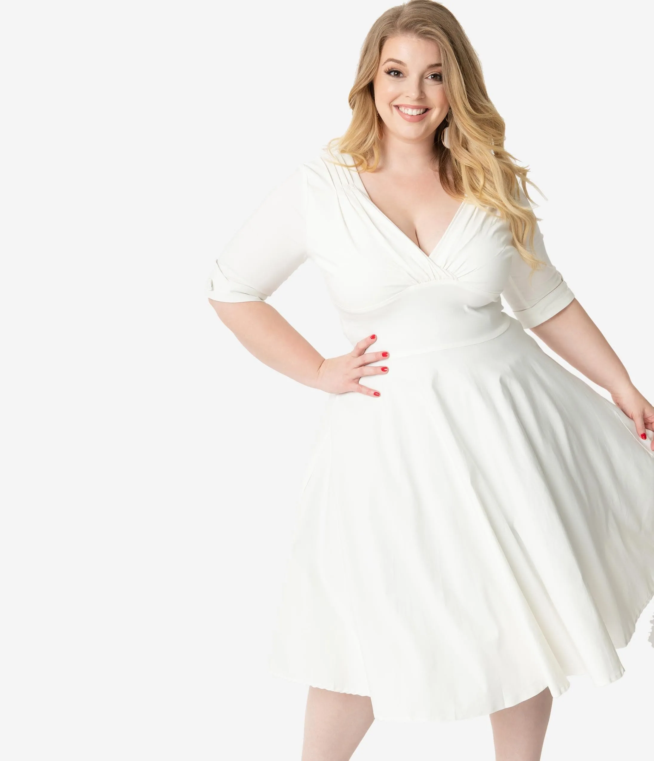 Unique Vintage Plus Size 1950s Ivory Delores Swing Dress with Sleeves