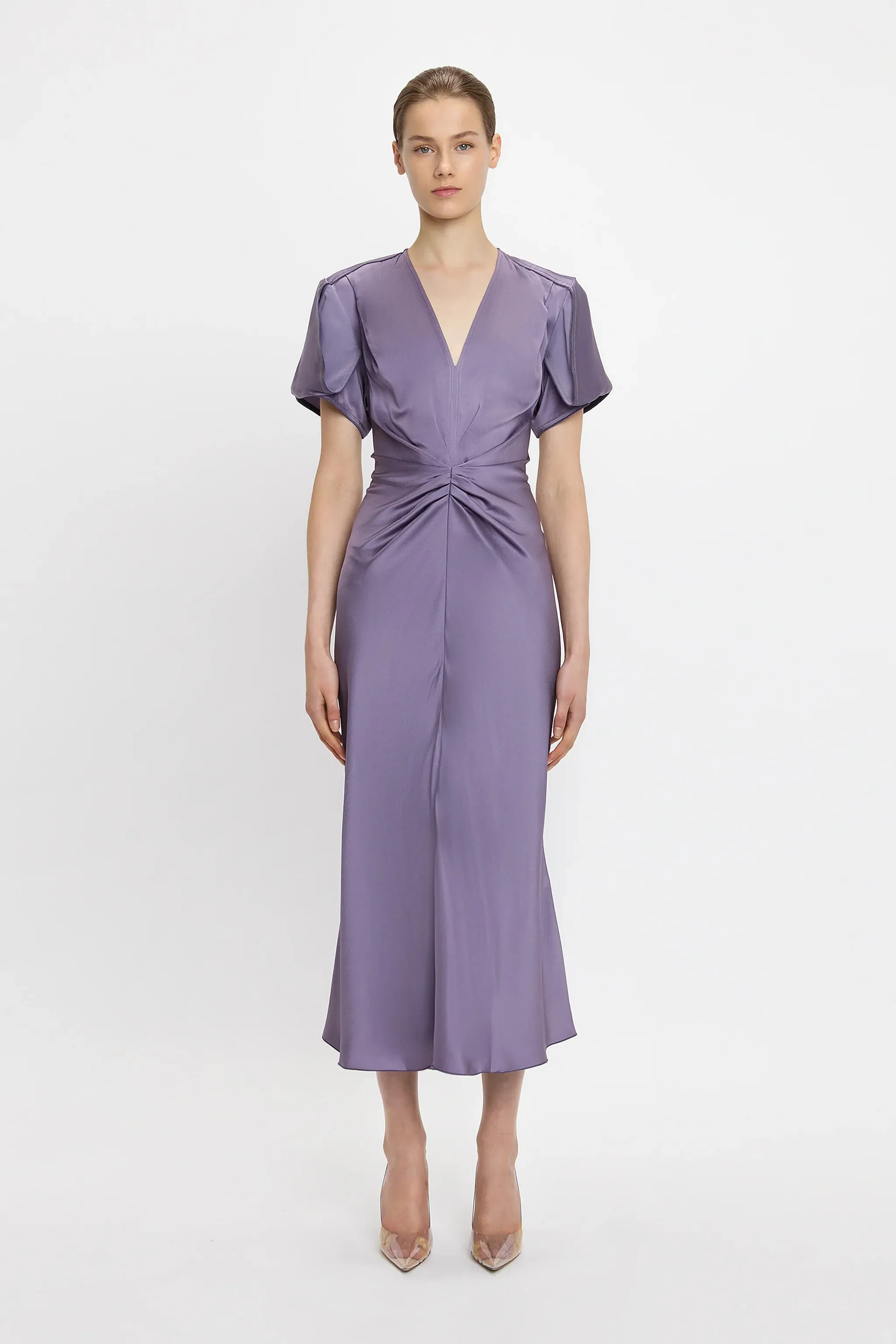 VICTORIA BECKHAM GATHERED MIDI DRESS IRIS
