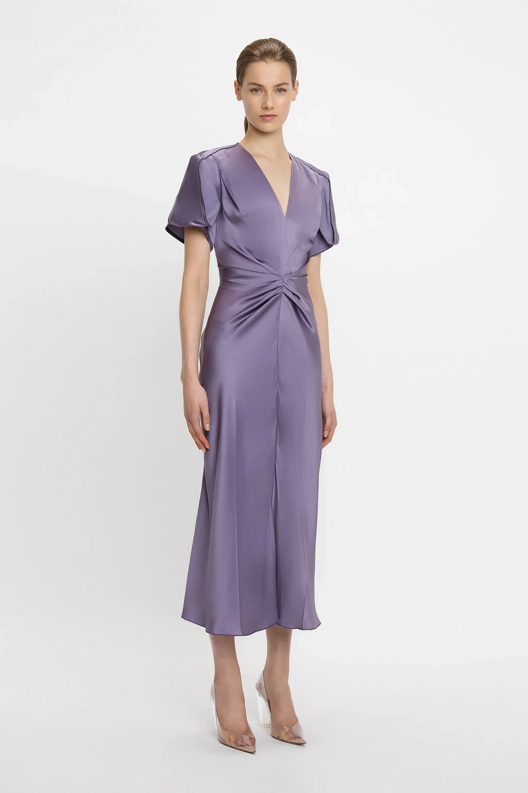 VICTORIA BECKHAM GATHERED MIDI DRESS IRIS