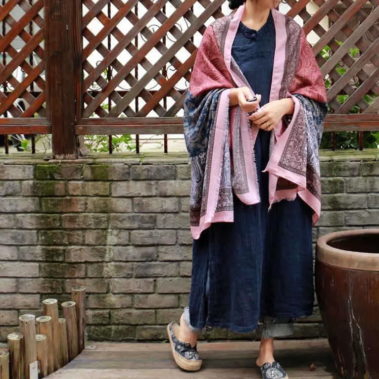 Vintage Pattern Comfortable Cotton Ethnic Style Big Scarf Shawl