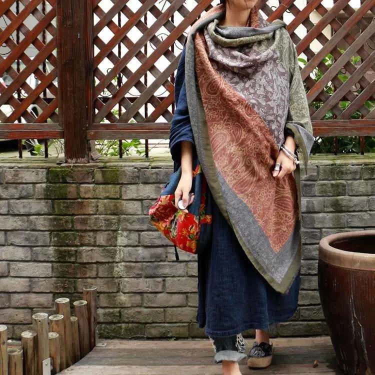 Vintage Pattern Comfortable Cotton Ethnic Style Big Scarf Shawl