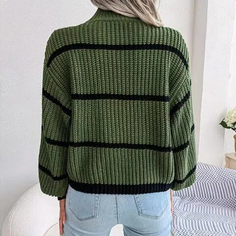 Warm Insulation Knitted Striped Mock Neck Sweater