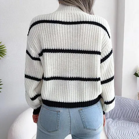 Warm Insulation Knitted Striped Mock Neck Sweater