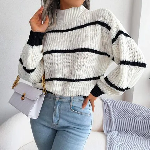 Warm Insulation Knitted Striped Mock Neck Sweater