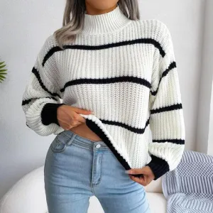 Warm Insulation Knitted Striped Mock Neck Sweater