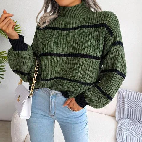 Warm Insulation Knitted Striped Mock Neck Sweater