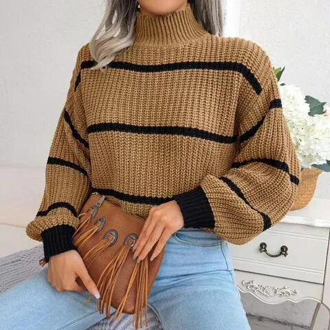 Warm Insulation Knitted Striped Mock Neck Sweater