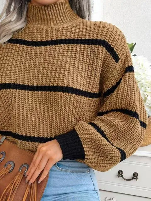Warm Insulation Knitted Striped Mock Neck Sweater