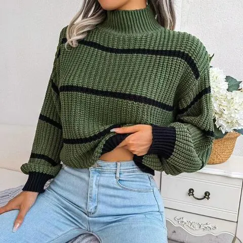 Warm Insulation Knitted Striped Mock Neck Sweater