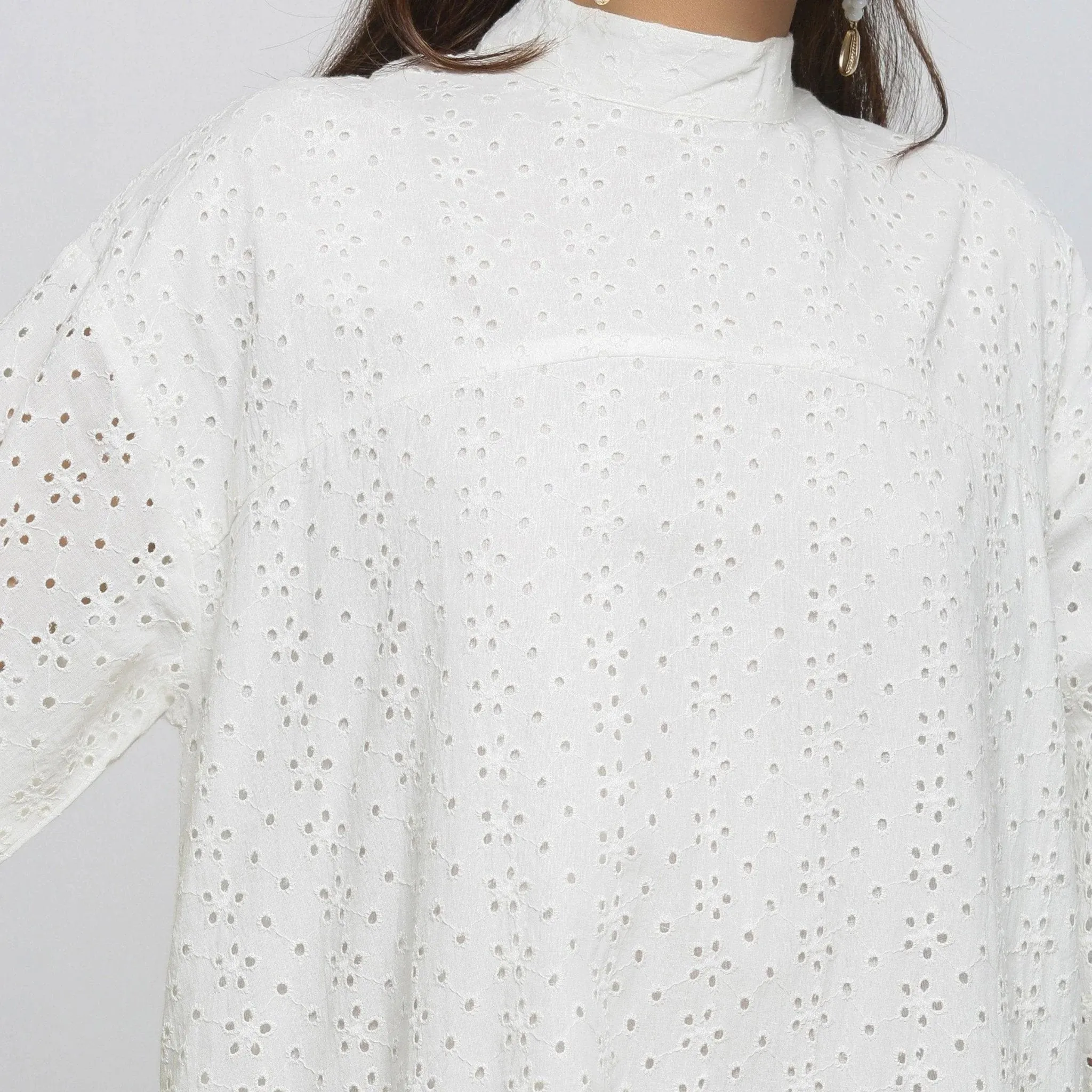 White Floral Cotton Schiffli Knee Length Stand Collar Dress