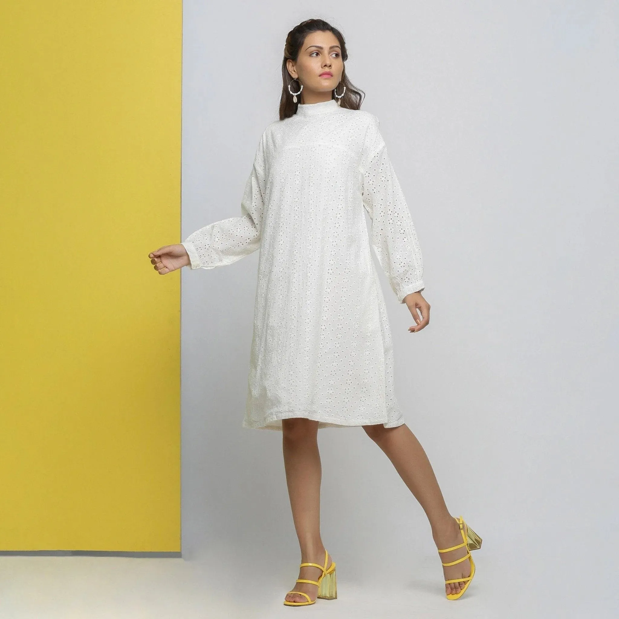 White Floral Cotton Schiffli Knee Length Stand Collar Dress