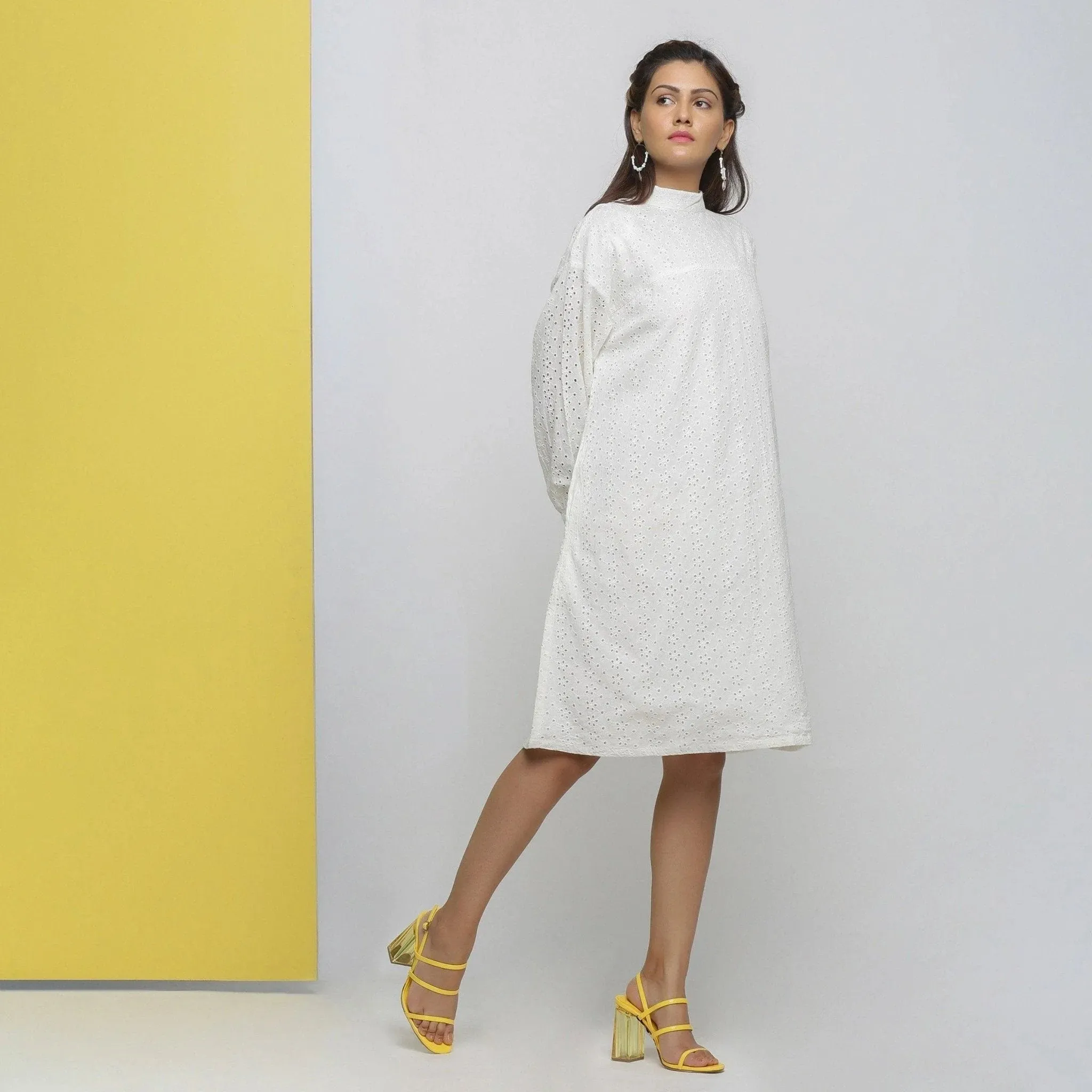 White Floral Cotton Schiffli Knee Length Stand Collar Dress