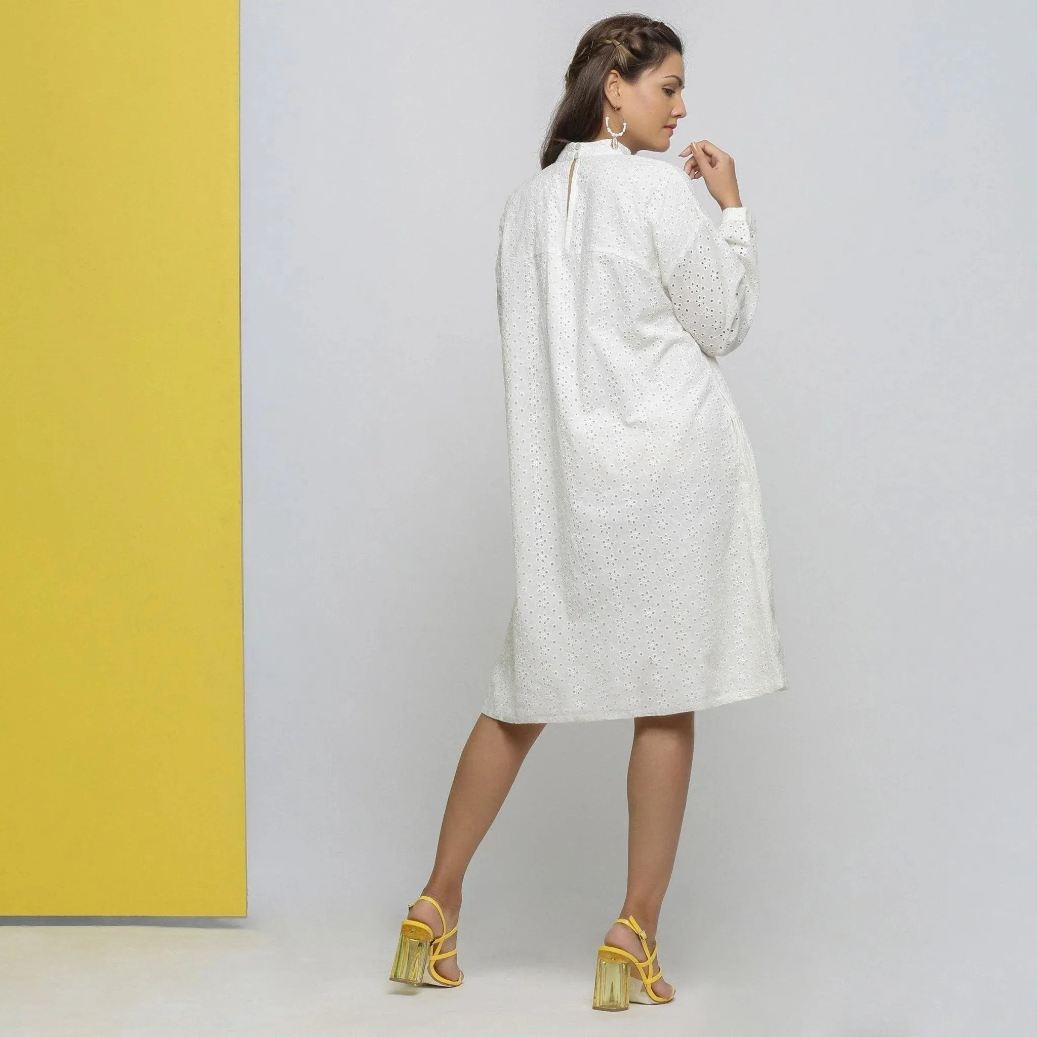 White Floral Cotton Schiffli Knee Length Stand Collar Dress