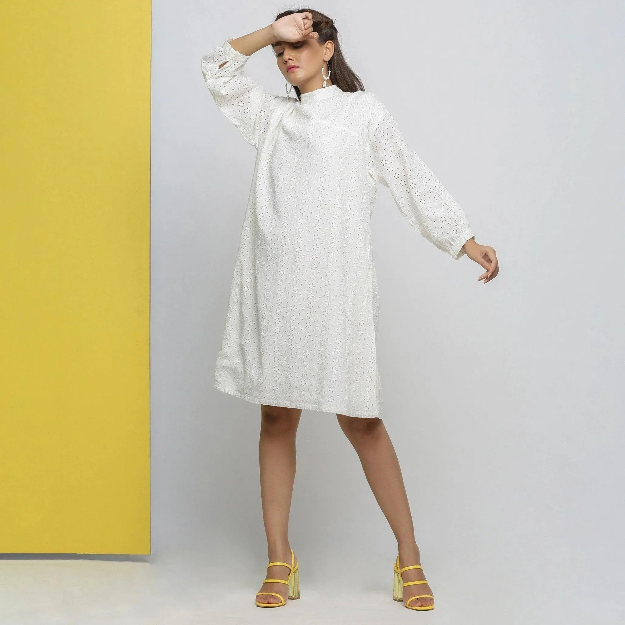 White Floral Cotton Schiffli Knee Length Stand Collar Dress