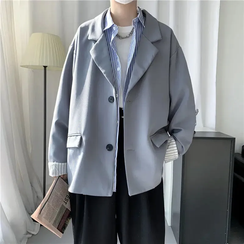 WIAOFELLAS -  Men's Casual Loose Western-style Clothes Black/silver Color Outerwear Mid-length Male Clothes Trendy Fashion Suit Jackets