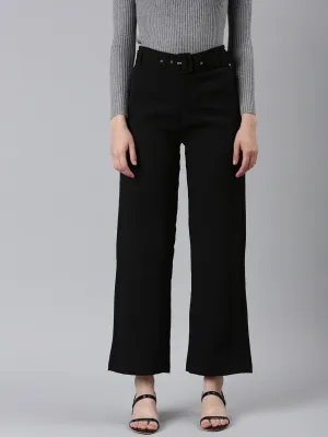 Women Black Straight Fit High-Rise Trousers