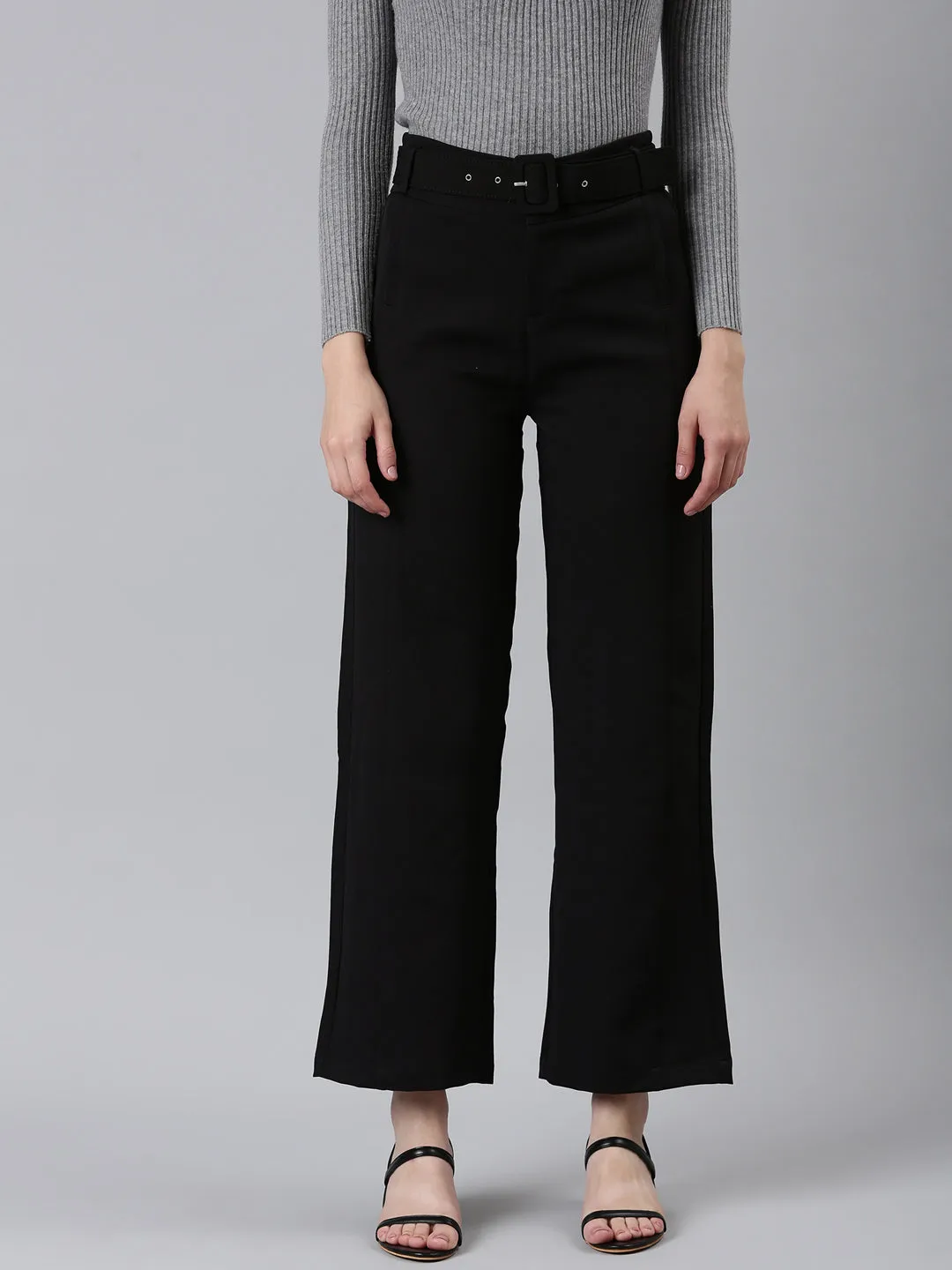 Women Black Straight Fit High-Rise Trousers