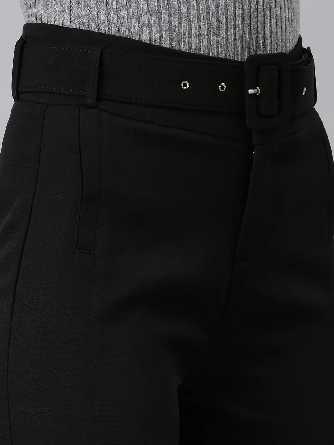 Women Black Straight Fit High-Rise Trousers