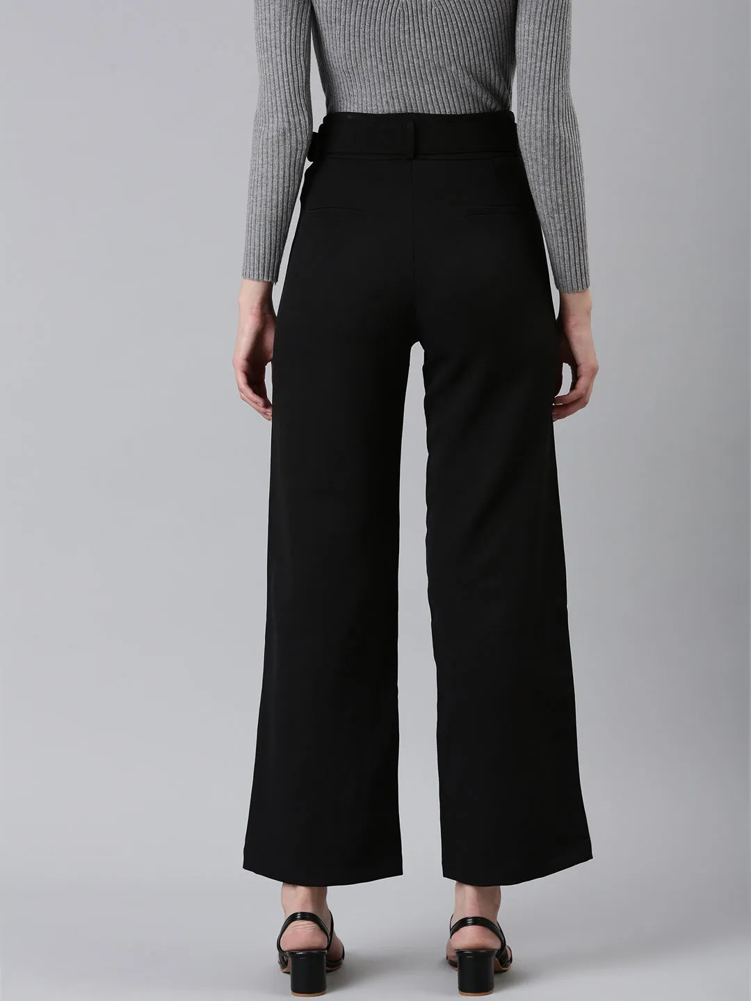 Women Black Straight Fit High-Rise Trousers
