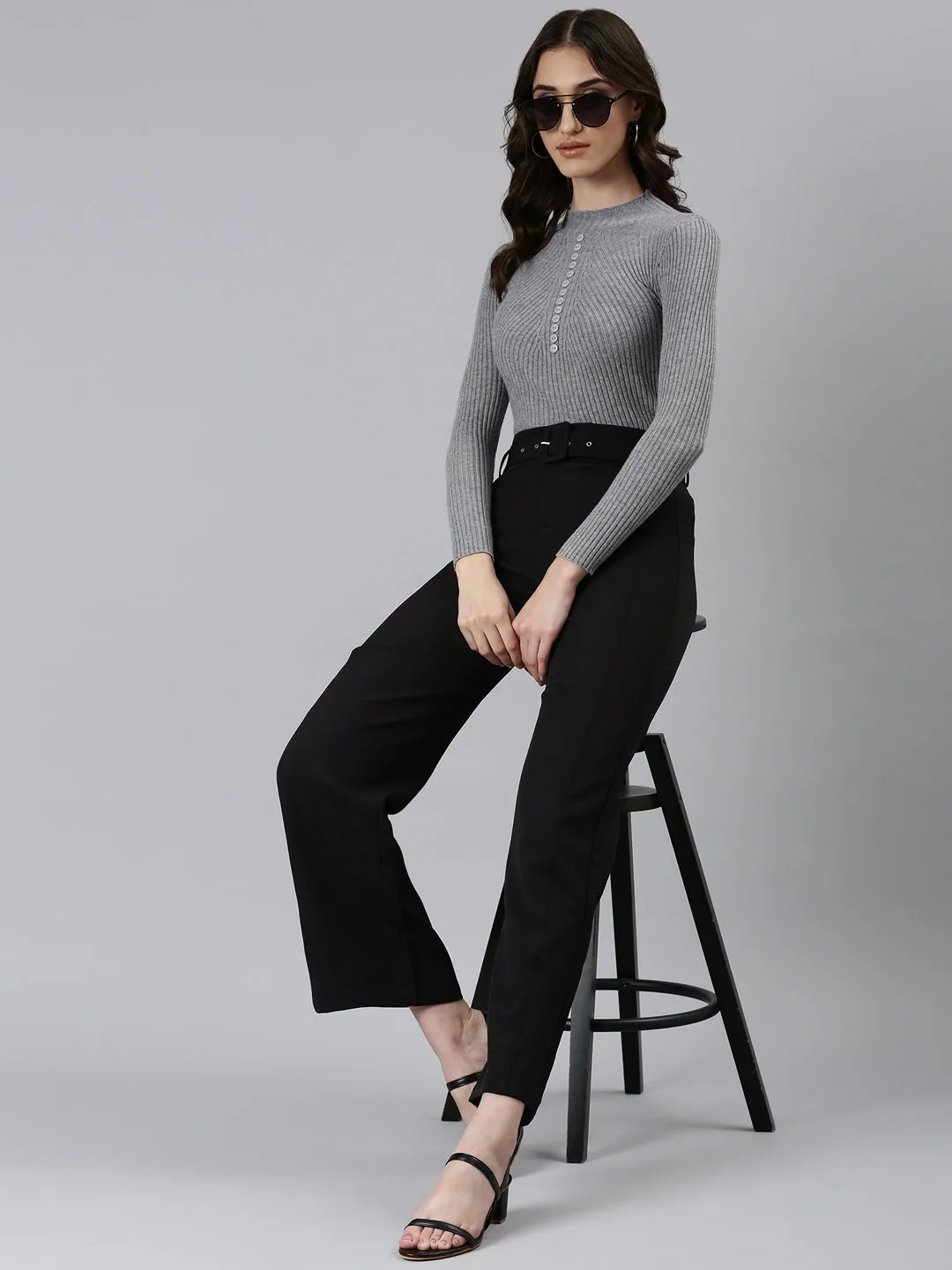 Women Black Straight Fit High-Rise Trousers