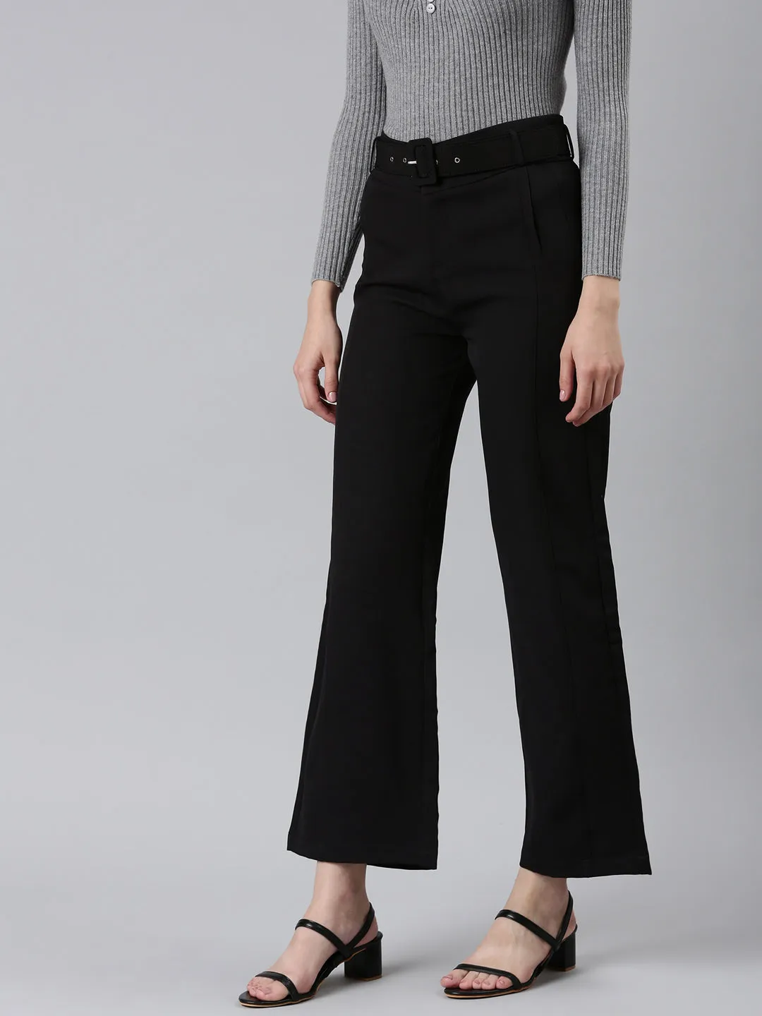 Women Black Straight Fit High-Rise Trousers