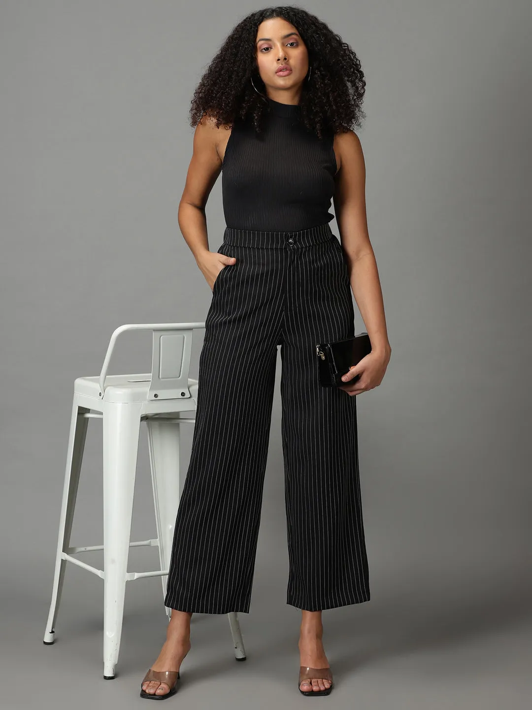 Women Black Striped Relaxed Straight Fit Parallel Trousers