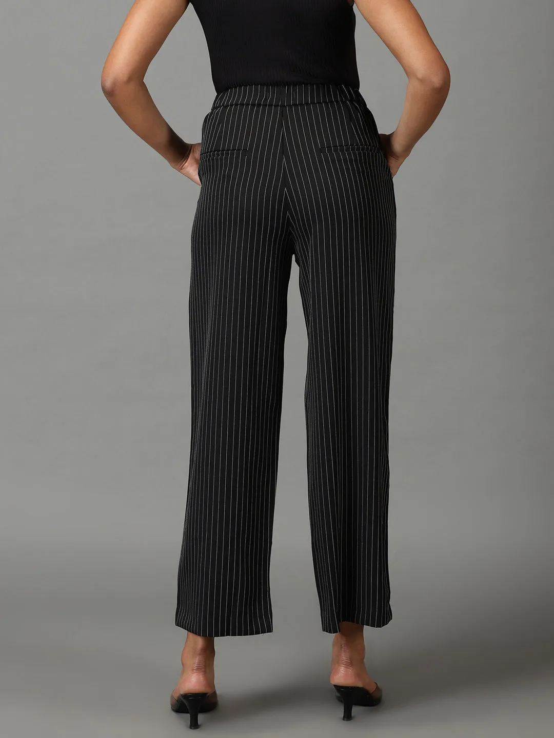 Women Black Striped Relaxed Straight Fit Parallel Trousers