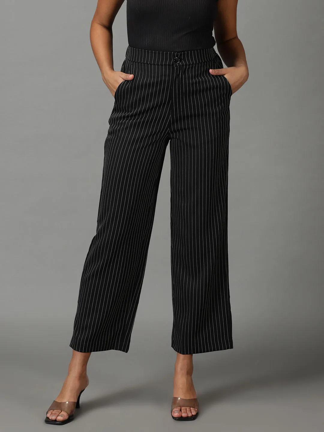 Women Black Striped Relaxed Straight Fit Parallel Trousers