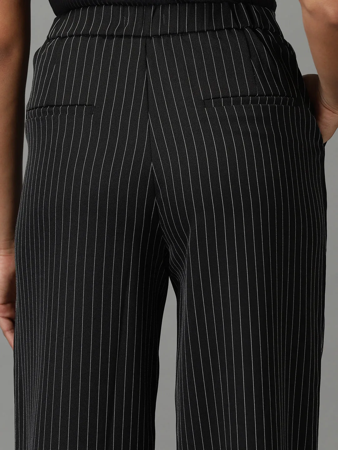Women Black Striped Relaxed Straight Fit Parallel Trousers
