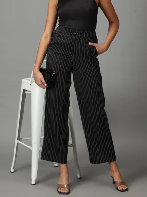 Women Black Striped Relaxed Straight Fit Parallel Trousers