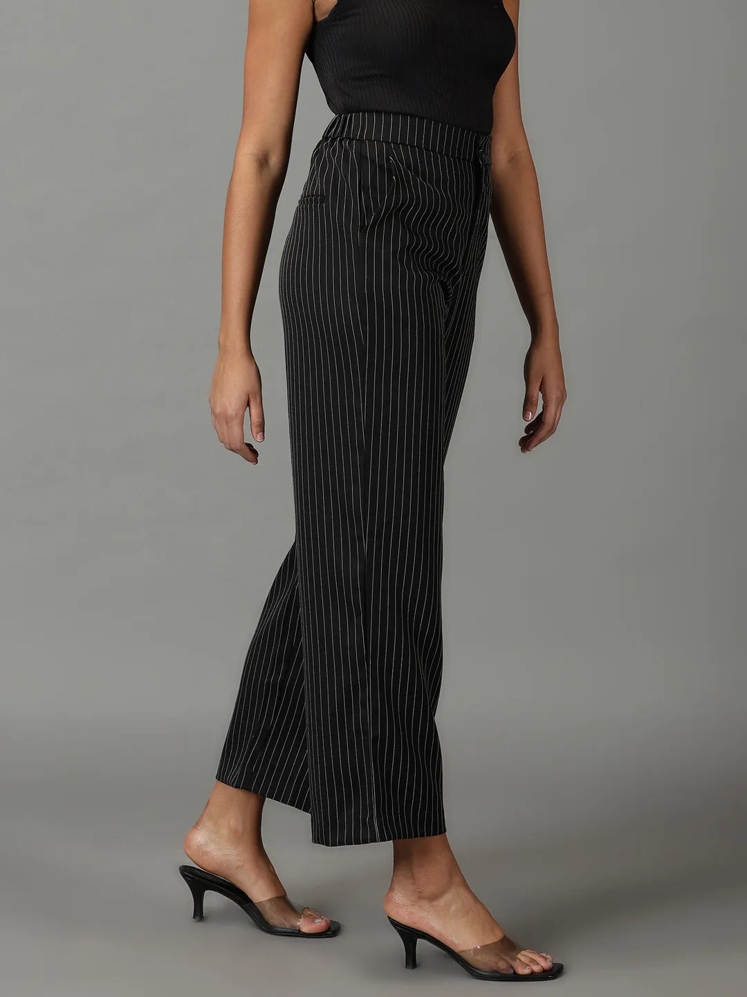 Women Black Striped Relaxed Straight Fit Parallel Trousers